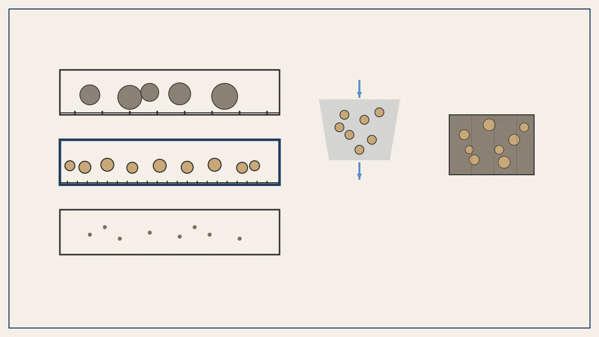 Diagrama d'una columna de garbells: la malla superior de 12 mm retén els grans grossos, la malla inferior de 4 mm reté la fracció 4-12 destacada, i els fins passen a la safata; a la dreta, dos usos típics, drenatge amb fletxes d'aigua i formigó.