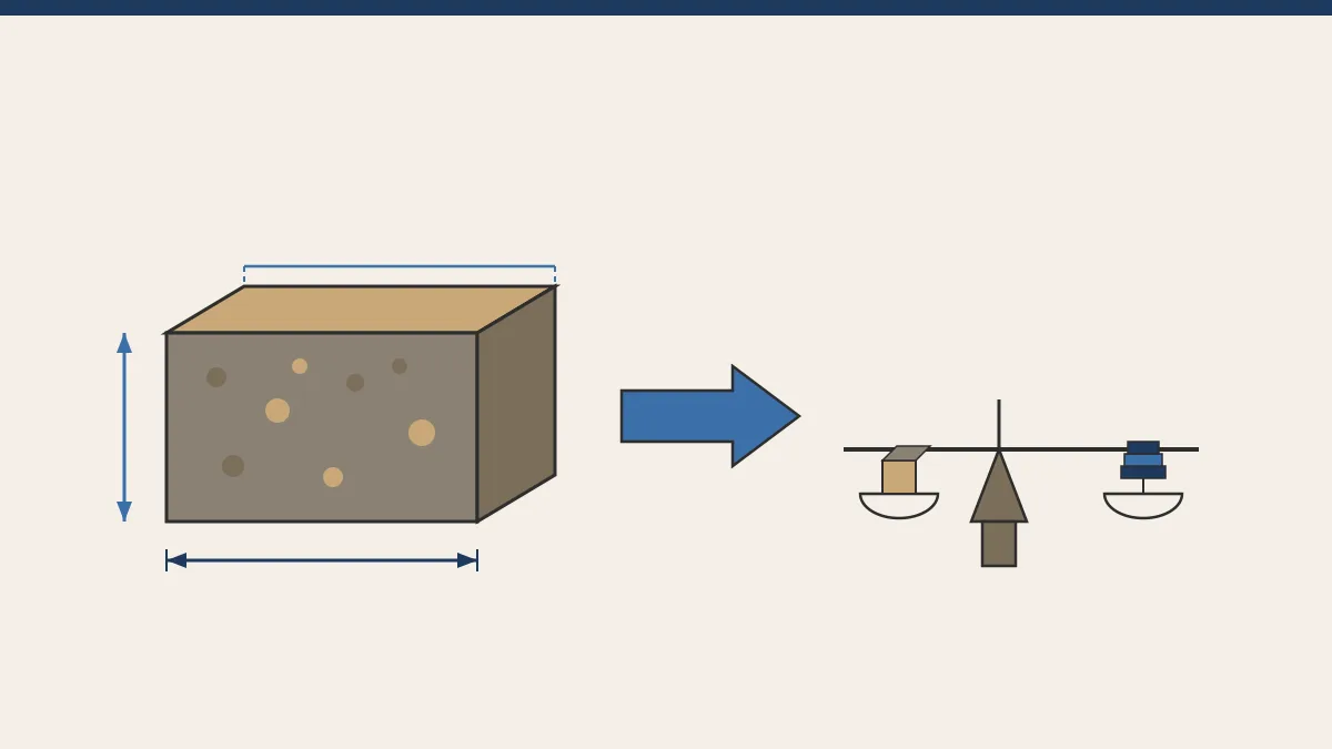Diagrama tecnic amb una caixa isometrica de gruix i superficie que representa el volum en metres cubics, i una balanca que el converteix en tones.
