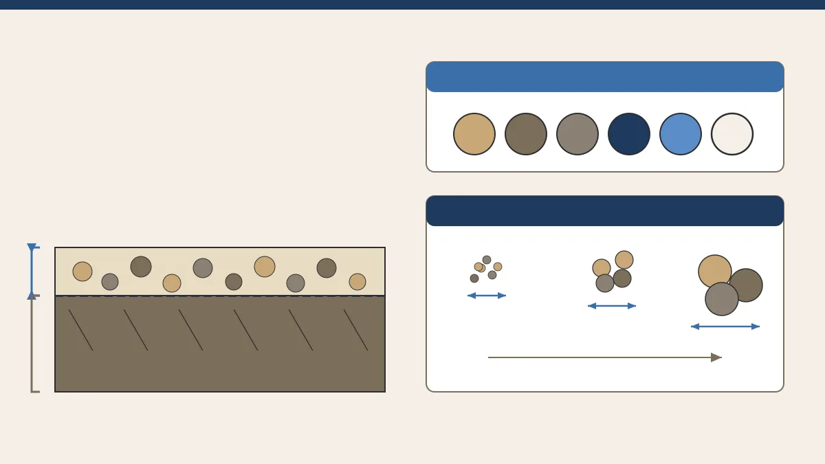 Diagrama tecnic de grava decorativa: seccio amb subsol, geotextil i capa de grava de gruix marcat, mostrari de tons de color en cercles i escala de tres mides de gra amb cotes creixents.