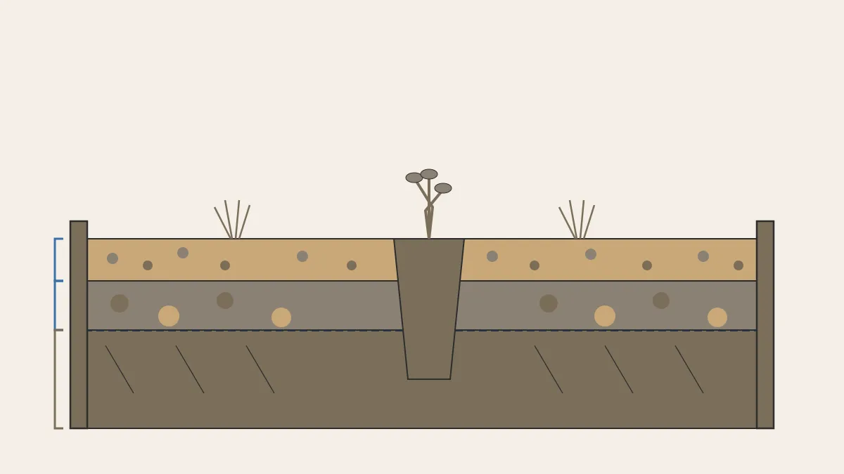 Seccio per capes d un jardi de grava sense gespa: terreny compactat, malla antiherbes amb solapament, capa base i grava decorativa, vores de contencio als extrems i plantacio en butxaca oberta a la malla.