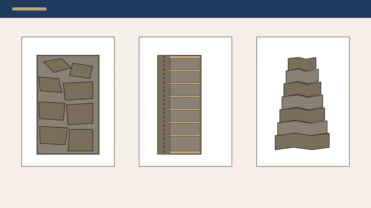 Comparativa de tres murs de tancament de pedra: mur de maçoneria massís, aplacat de pedra sobre base de bloc i mur de pedra seca apilada sense morter