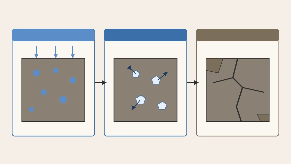 Diagrama de tres etapes sobre el cicle gel-desgel: la pedra porosa absorbeix aigua, l'aigua es congela i s'expandeix dins dels porus, i finalment la pedra s'esquerda i es desprèn.