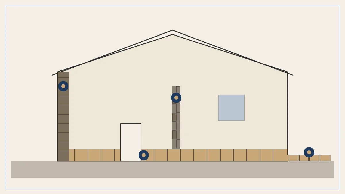 Secció d'un habitatge en reforma amb quatre zones on la pedra natural aporta valor marcades amb cercles: façana exterior, paviment interior, paret divisòria i terrassa exterior, cadascuna amb la seva textura de pedra.