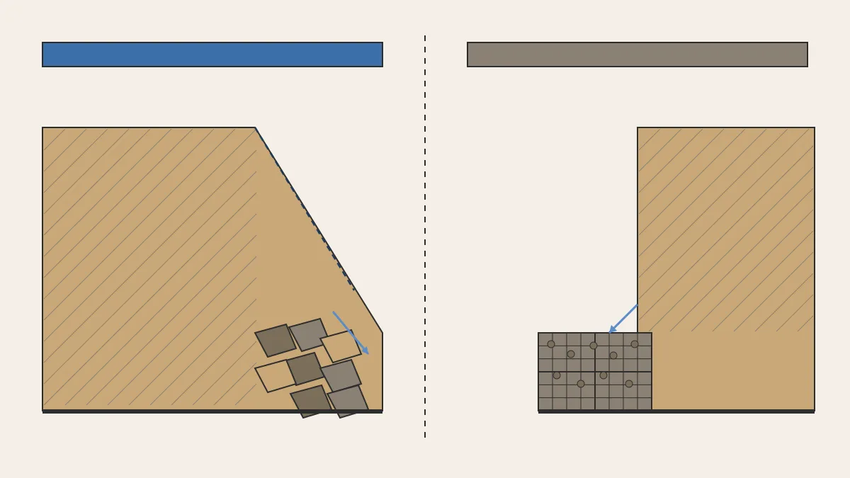 Comparativa en seccio de dos sistemes per estabilitzar un talus: a l esquerra escullera de blocs de pedra angulars al peu del pendent amb geotextil i drenatge; a la dreta un mur de gabions de cistelles metal-liques reblertes de pedra amb el mateix drenatge posterior.