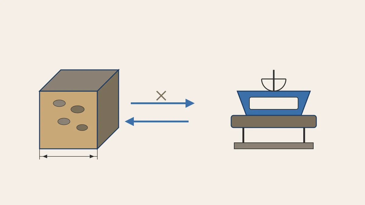 Diagrama tècnic: a l esquerra un cub isomètric d un metre cúbic ple d àrid amb cotes de mida; una doble fletxa de conversió amb un símbol de multiplicació el connecta amb, a la dreta, una bàscula industrial que representa el pes en tones.