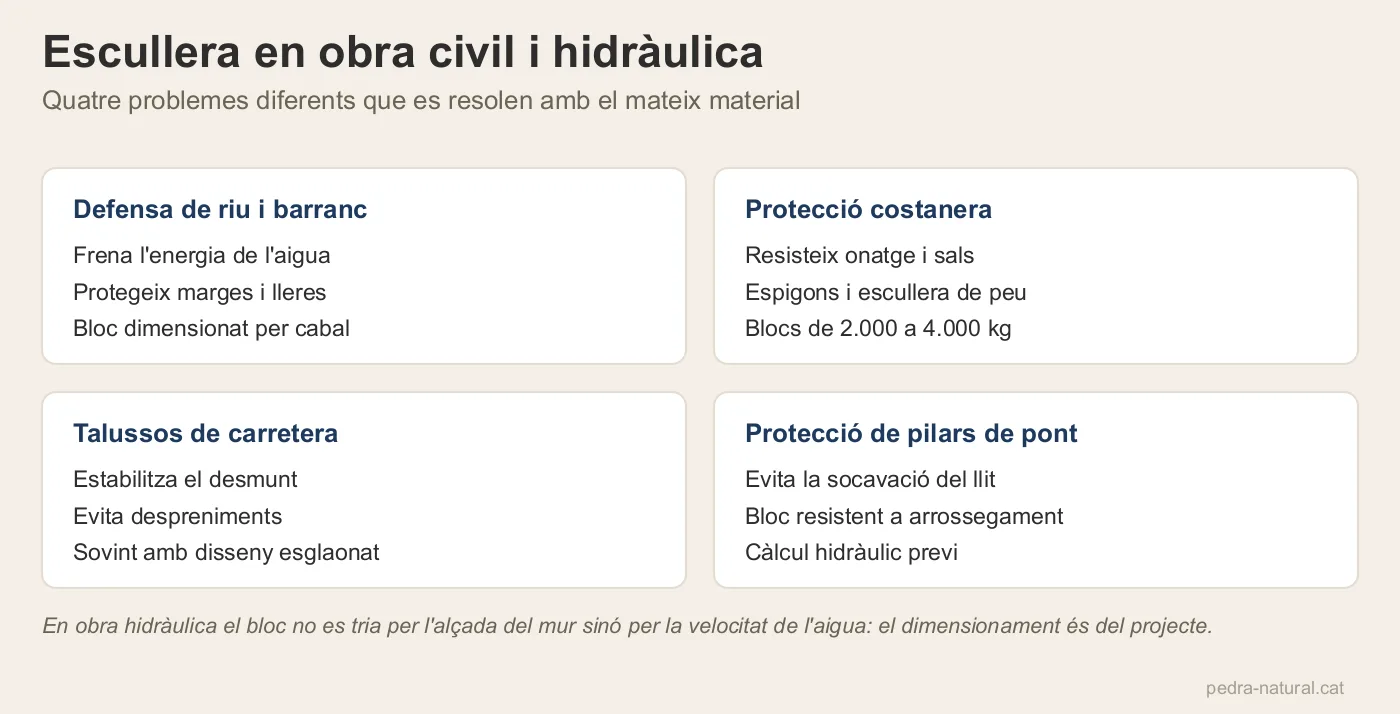 Quatre aplicacions d'escullera en obra civil: defensa de riu, protecció costanera, talussos i pilars de pont