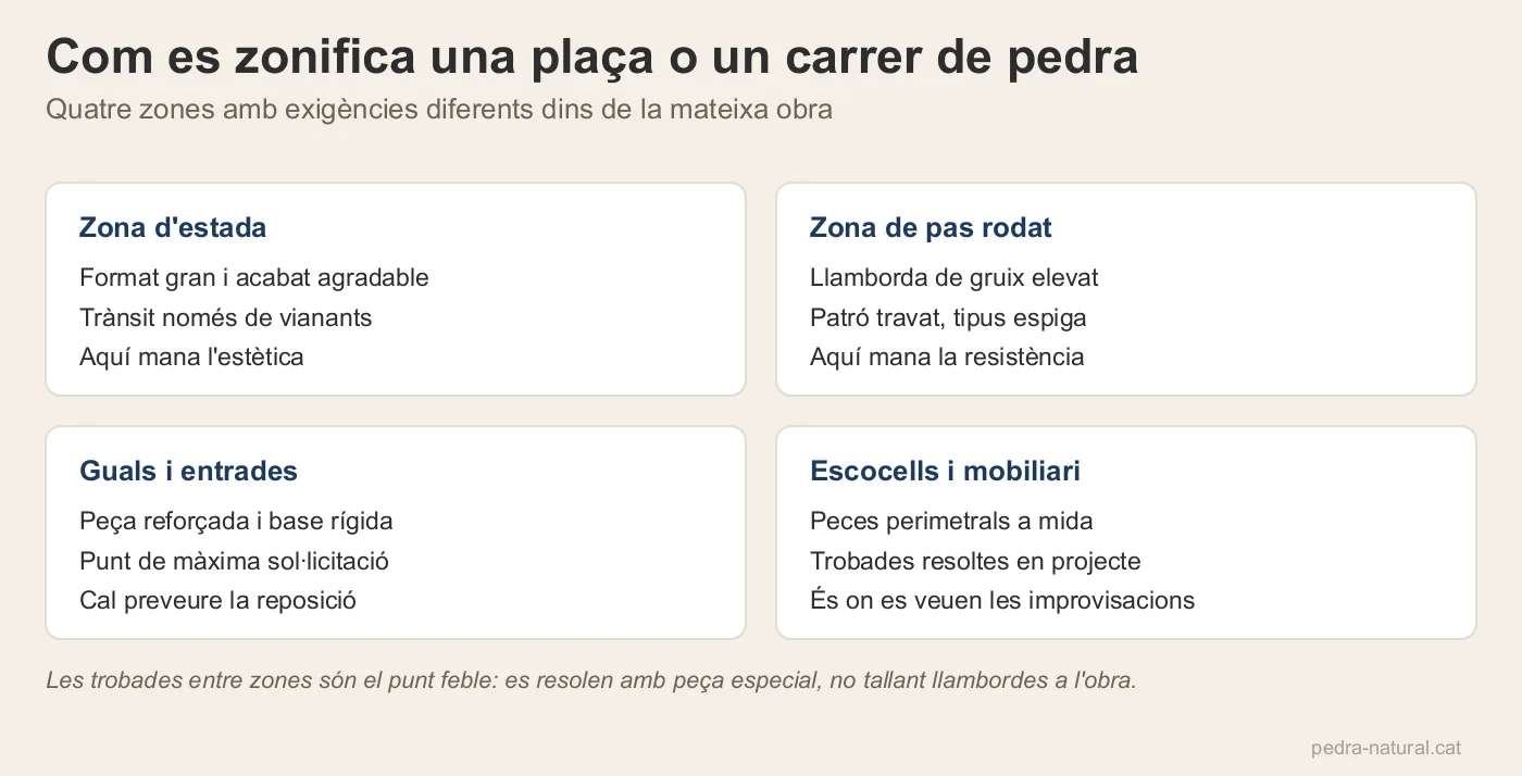 Quatre zones d'una plaça o carrer de pedra amb les exigències tècniques de cadascuna