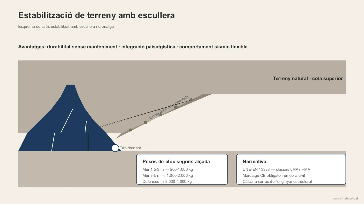 Estabilització de talús amb escullera escalonada i grava drenant